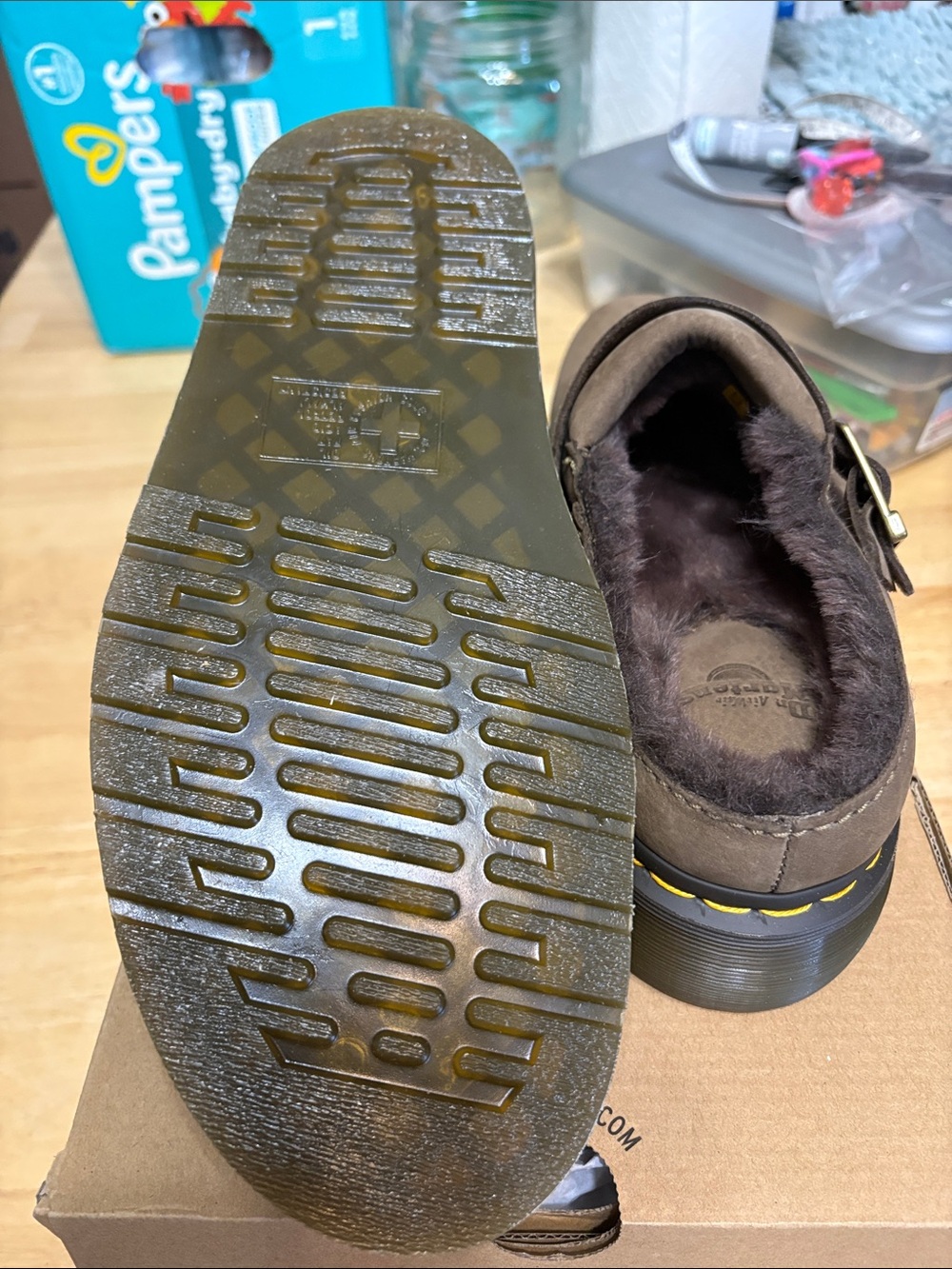 Dr. Martens  Brown Suede Buckle Clog with Yellow Stitching - Picture 6 of 6